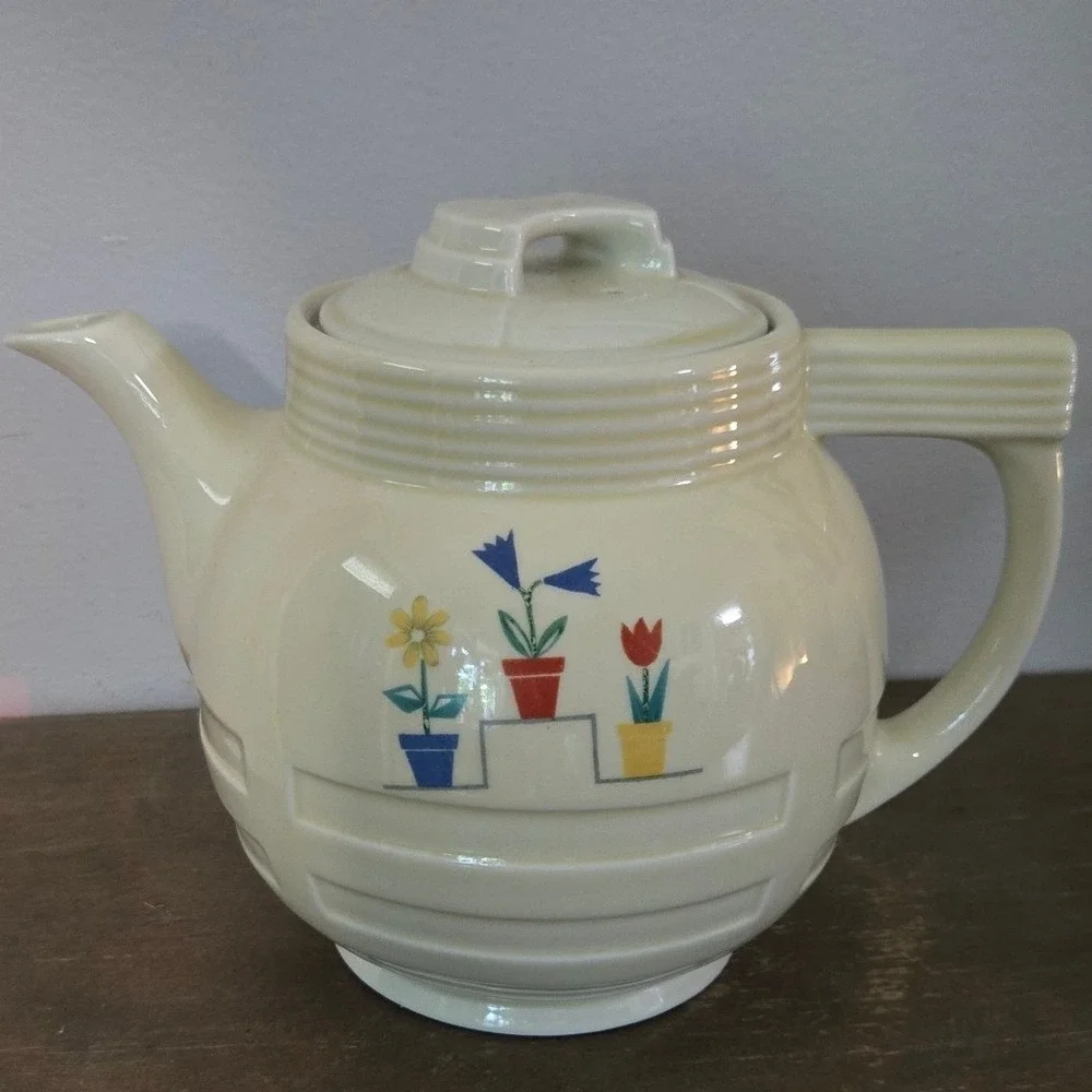 Vintage Enterprise Aluminum Co Drip-O-Lator Teapot Art Deco Floral ⁹Ceramic